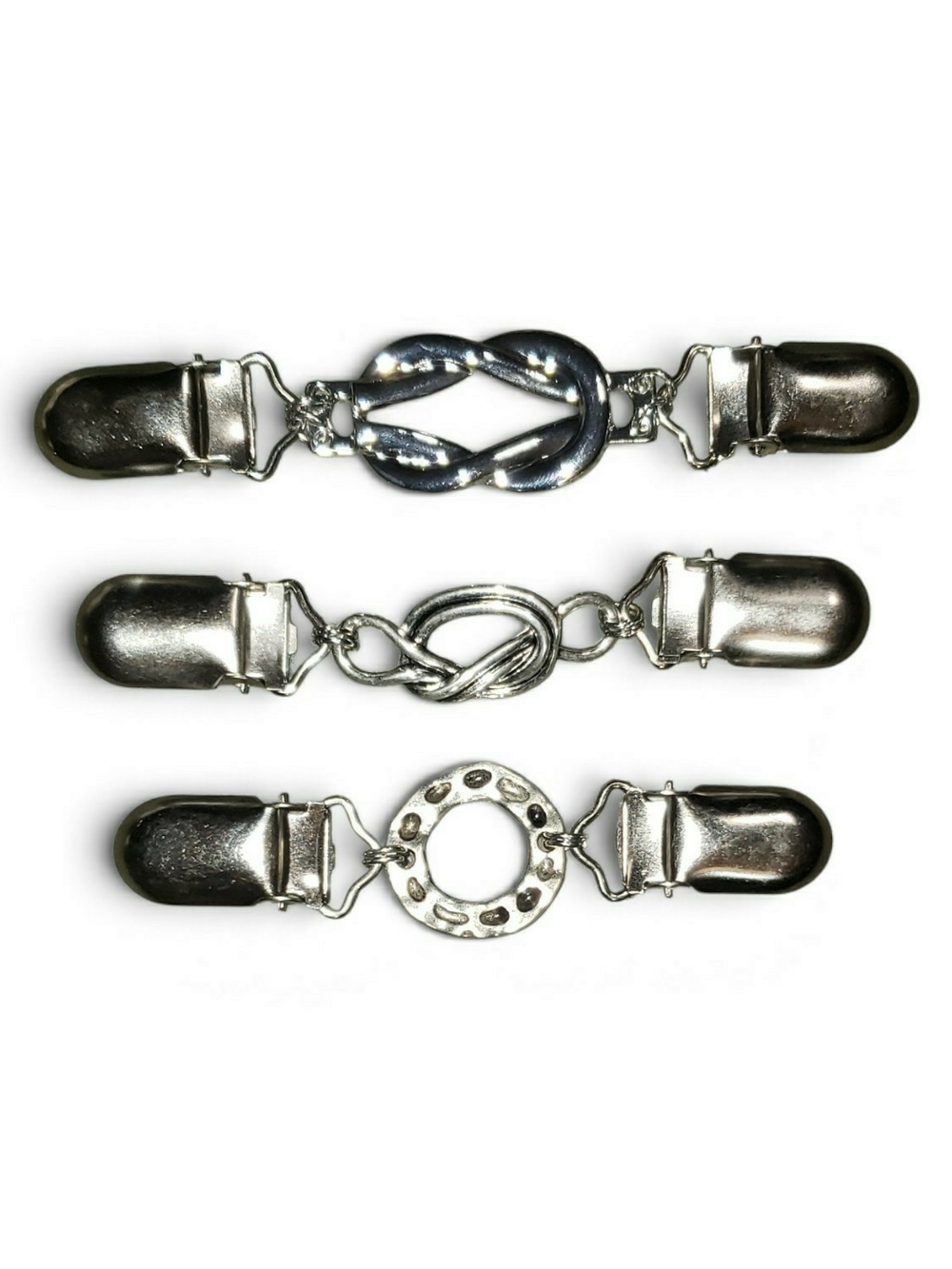 Silver womenss sweater clips - 3-Pack decorative garment fasteners. New